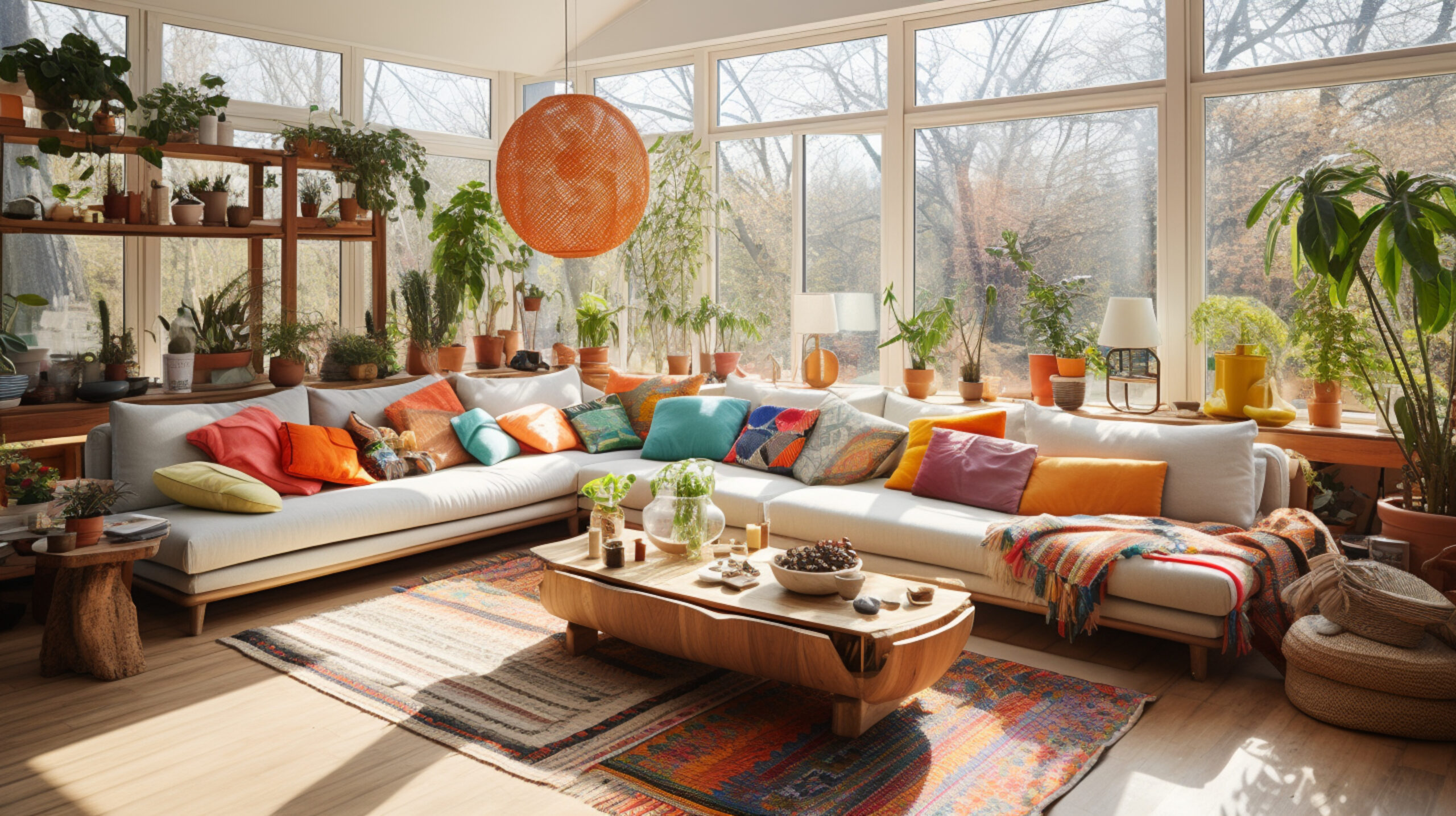Sunroom in Massachusetts filled with colorful plants and furnishings