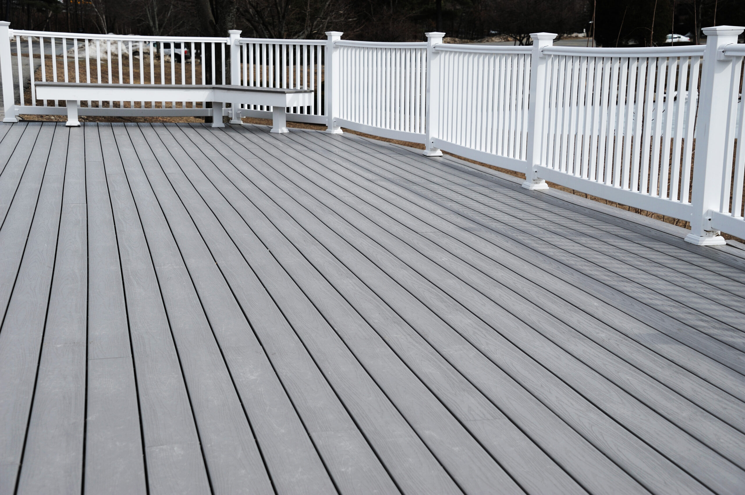 grey trex decking with white railings installed in worcester ma Composite Decking In Massachusetts